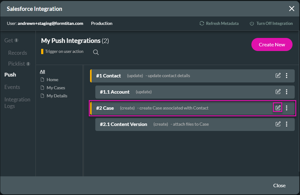 Screenshot of the Salesforce Integration window showing the configured push actions 