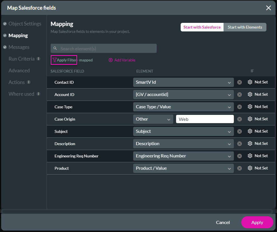 Screenshot of the Map Salesforce Fields window showing the Mapping tab 