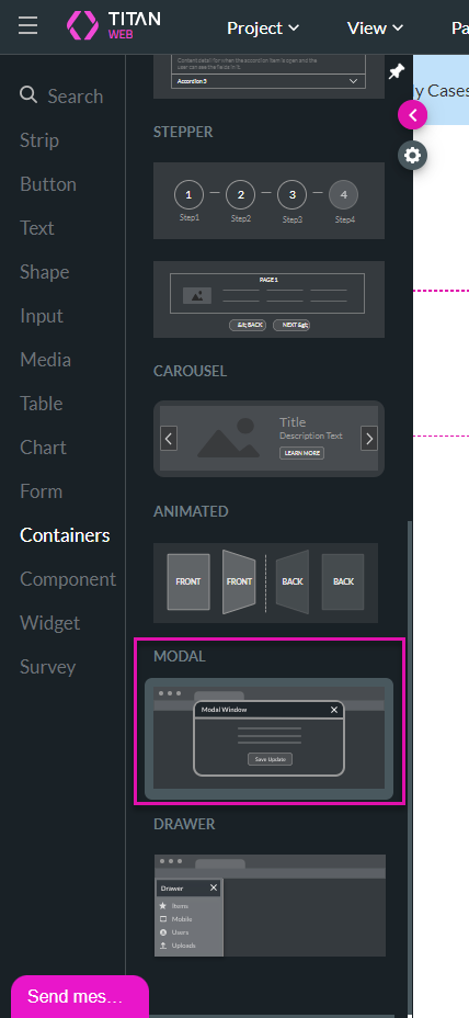 Screenshot showing how to drag-and-drop a modal onto the canvas 