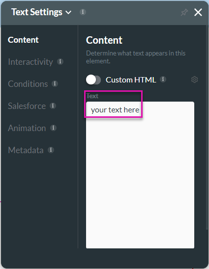 Screenshot of the text settings menu content tab 