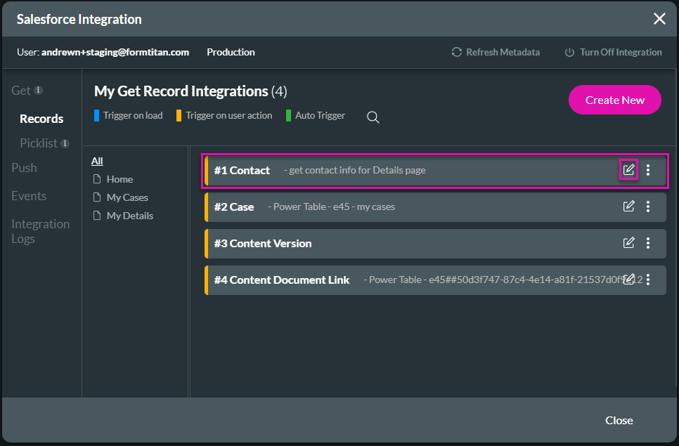 Screenshot of the Salesforce Integrations window showing the Get Records tab 