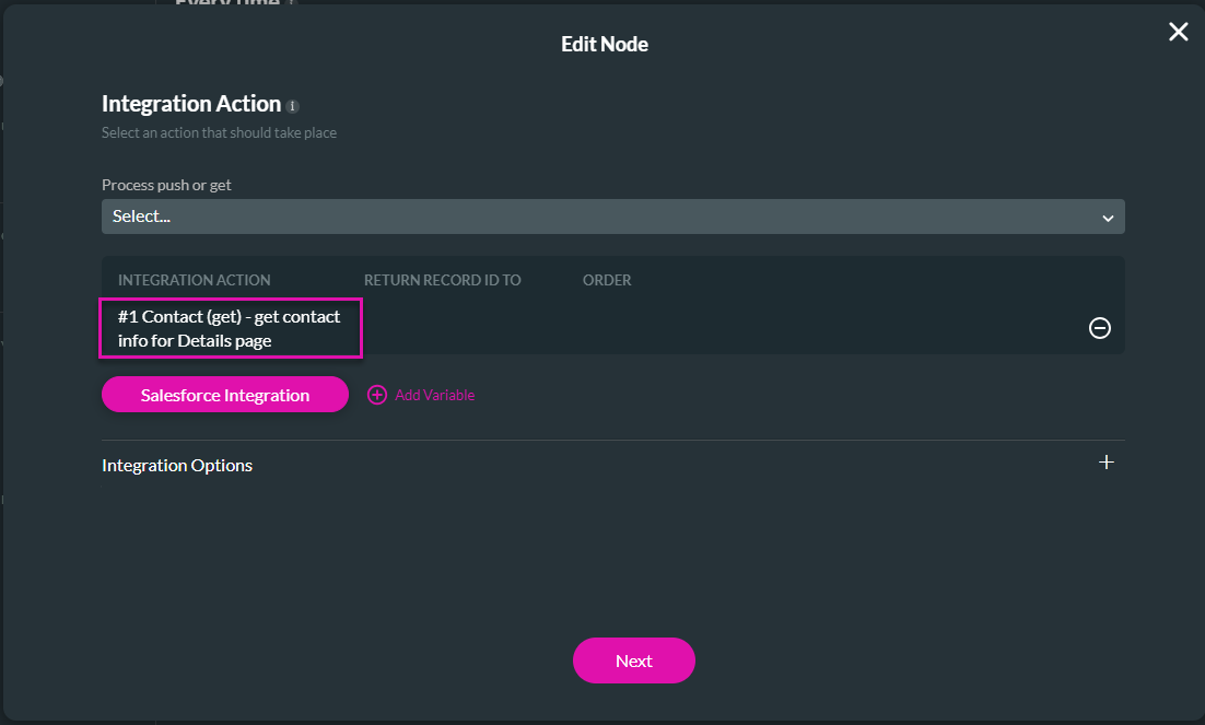 Screenshot of the Edit Node screen displaying the Integration Action selected 