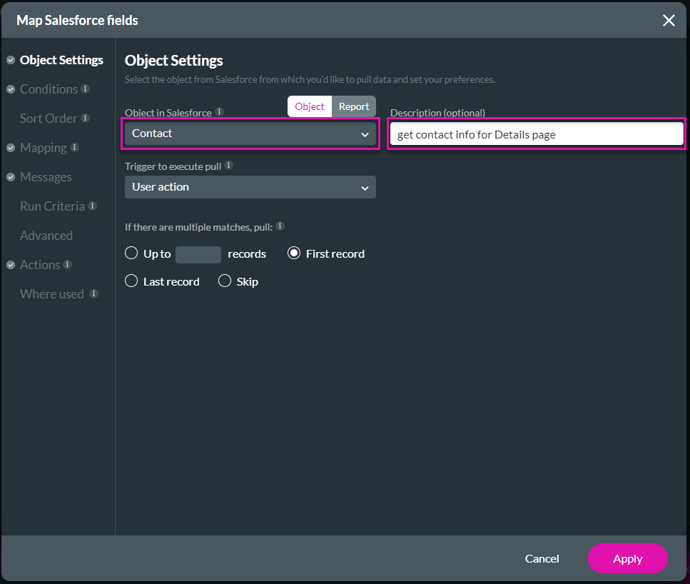 Screenshot of Map Salesforce fields window showing the Object Settings tab 