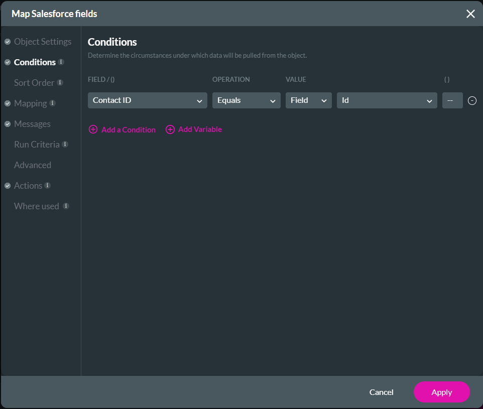 Screenshot of Map Salesforce Fields window showing the Conditions tab 