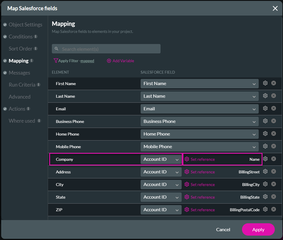 Screenshot of Map Salesforce Fiue4lds window displaying Mapping tab 