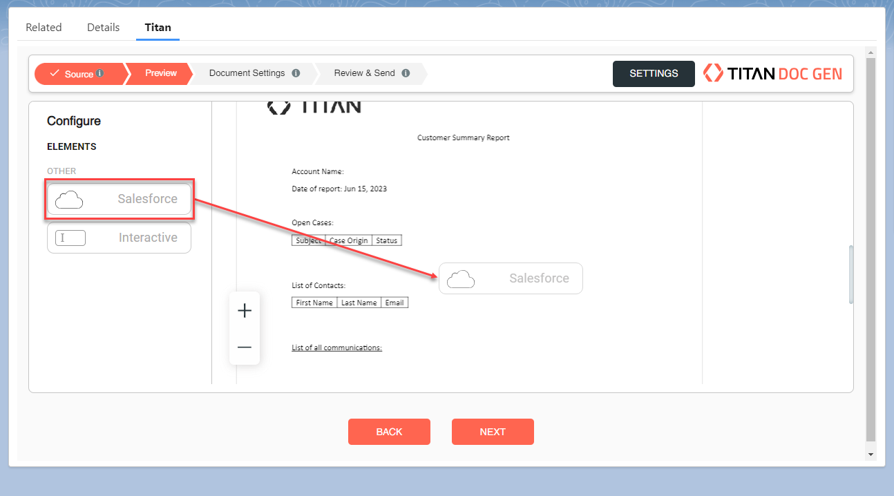 Drag salesforce element onto previewed document 