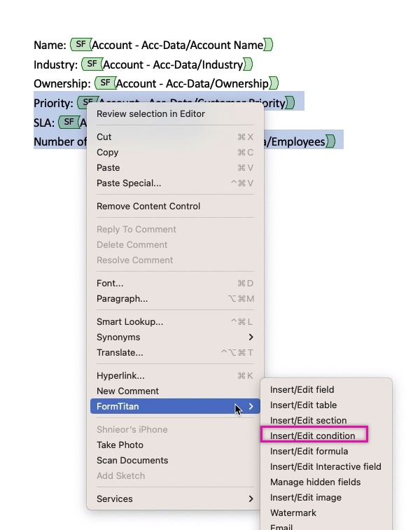 Inserting a condition using right click method 