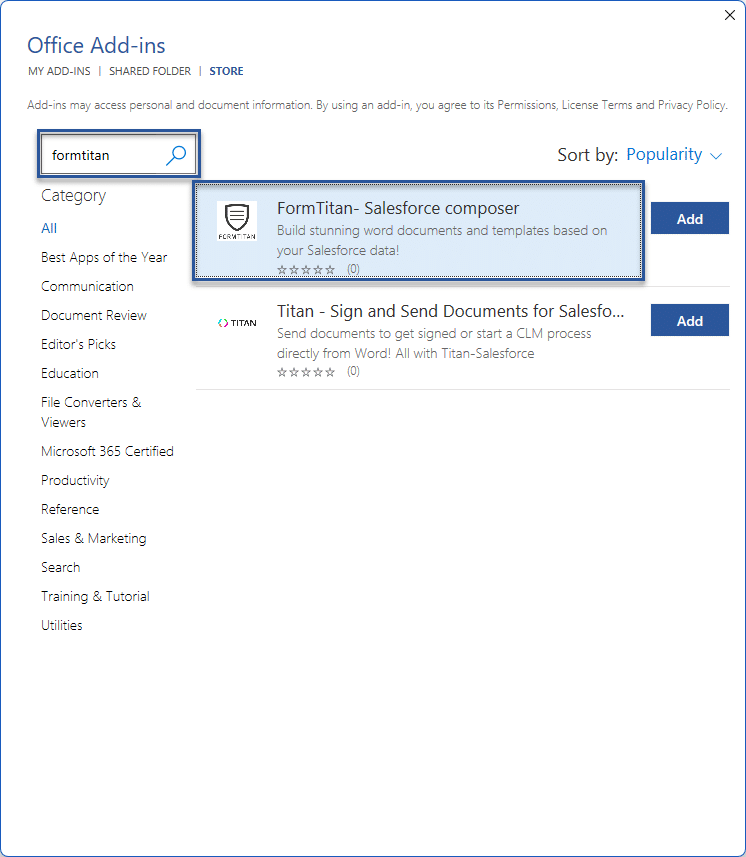 Office add-in formtitan