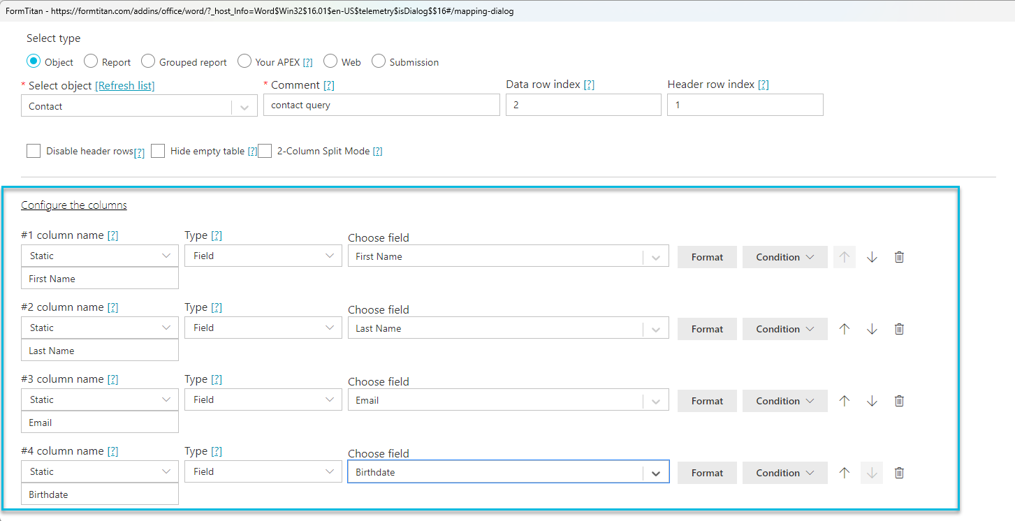 configure the columns 