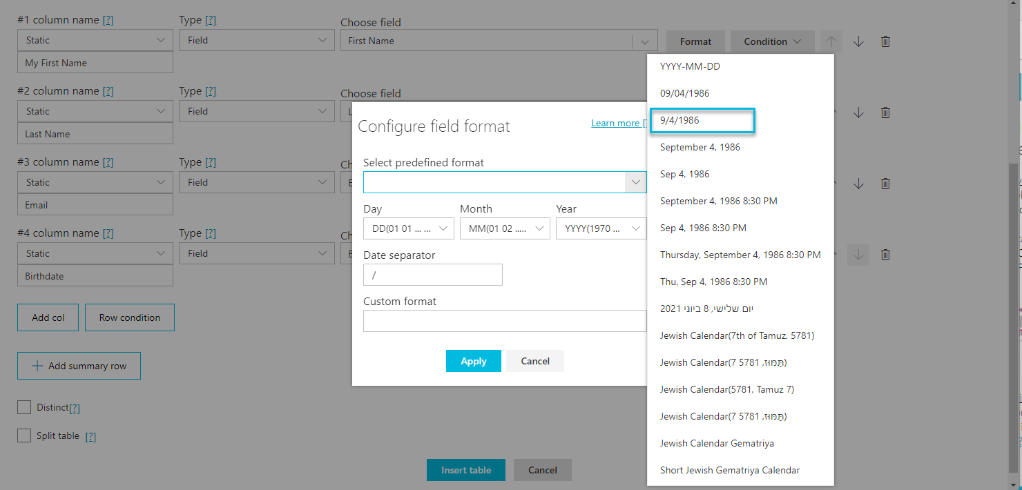 configure field format 