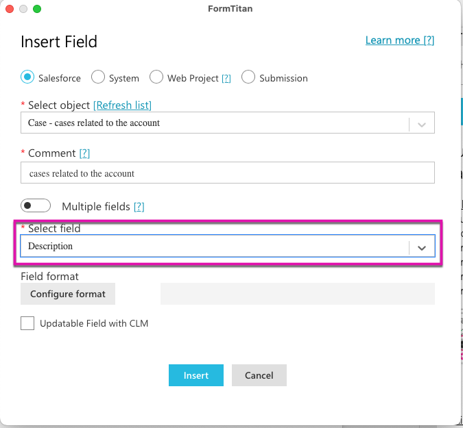 Choose a field to add to the Section. 