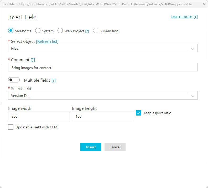 Insert field > pull file from Salesforce 