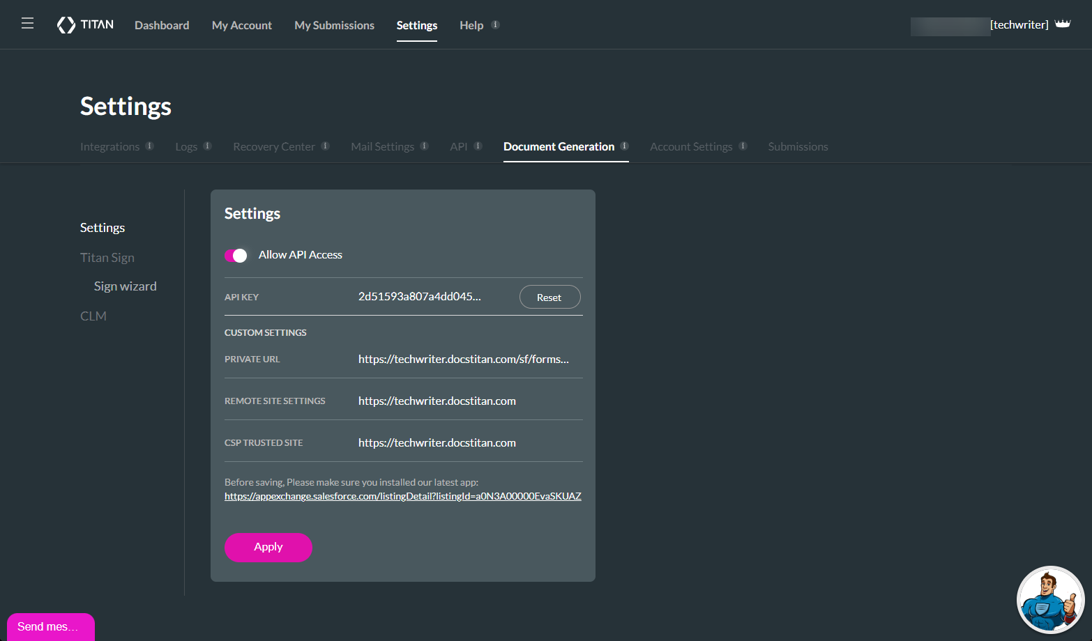 settings > document generation > settings 