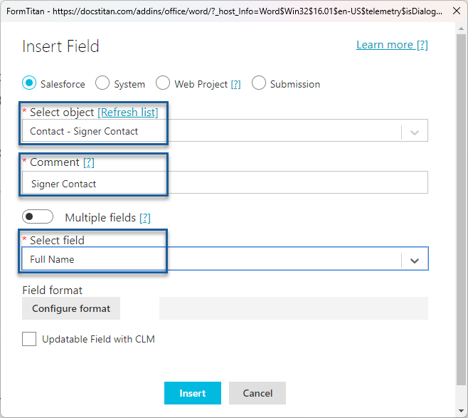 Insert field using Salesforce 