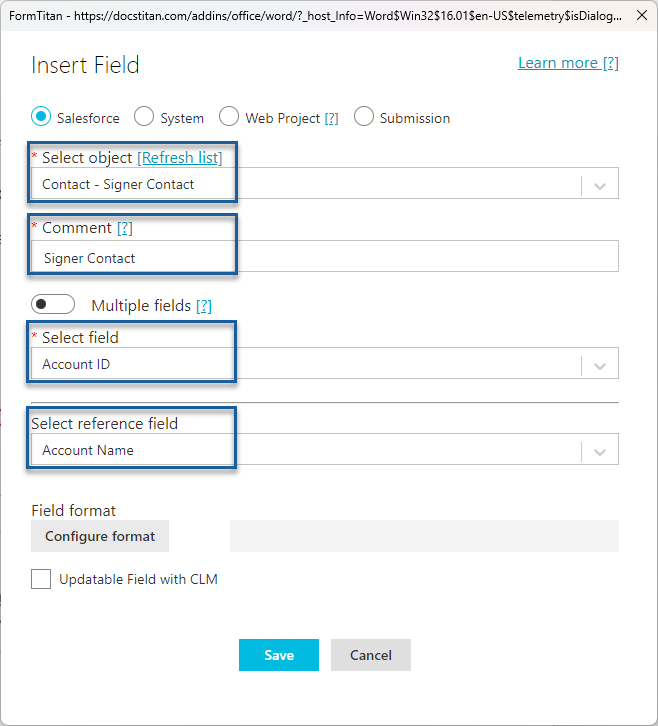 Insert salesforce fields