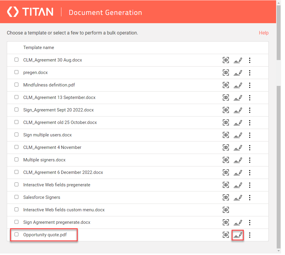 Titan document generation screen 