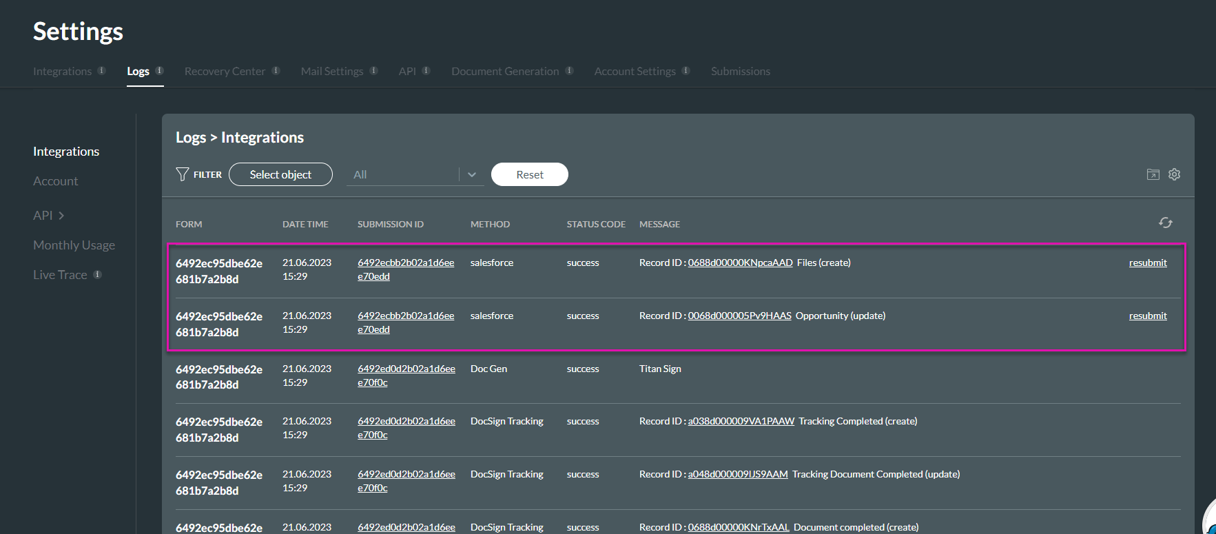 integration logs 