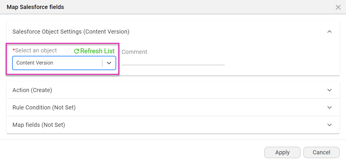 content version option selected for salesforce object 