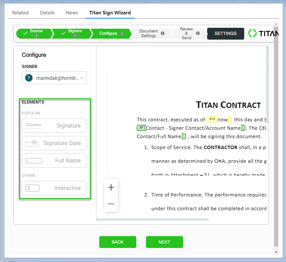 configure elements for signers 