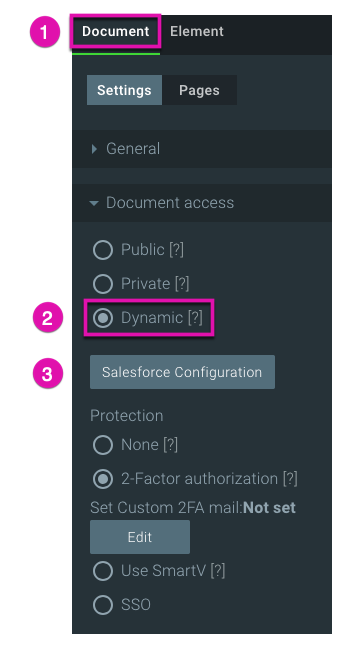 document>settings>dynamic>salesforce configuration 