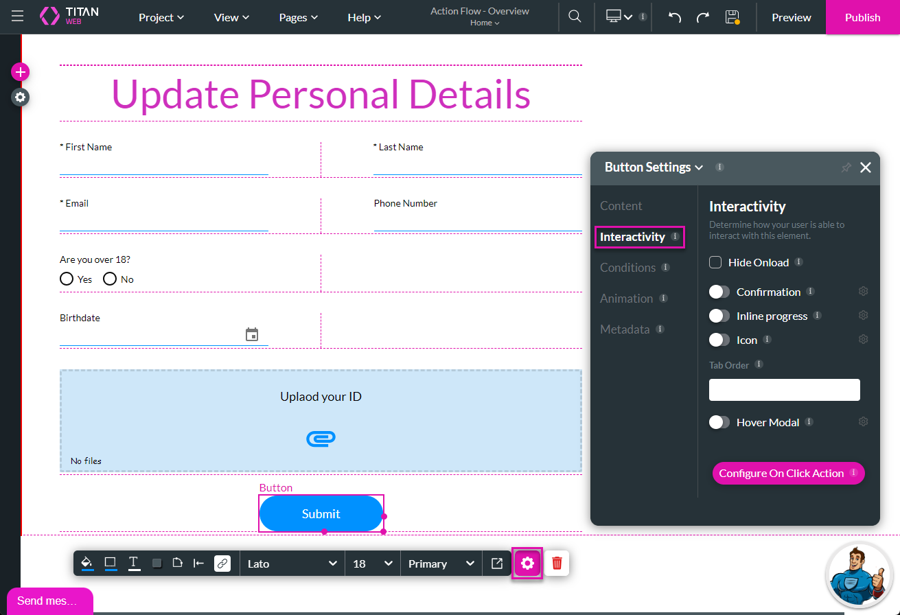 element settings > interactivity tab > configure on click action 