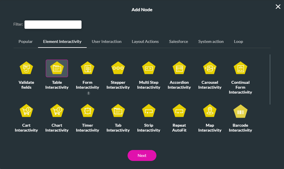 Table interactivity node 