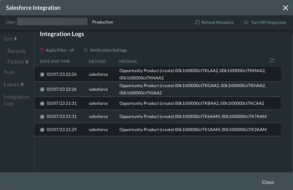 salesforce integration logs 