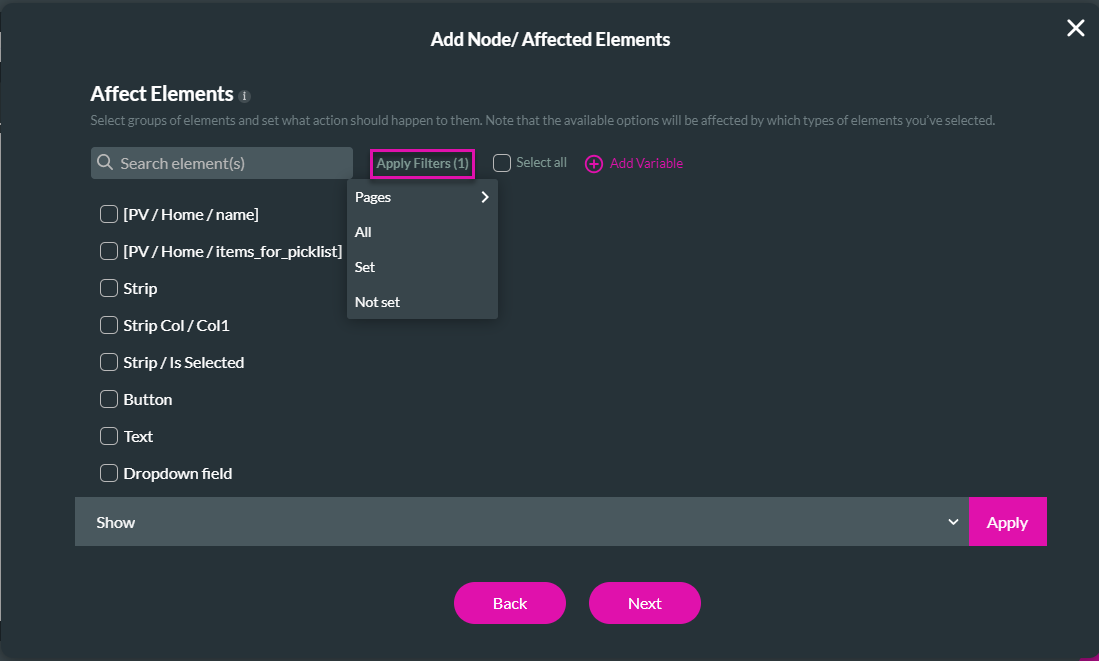 add node/affected elements > apply filters drop down 