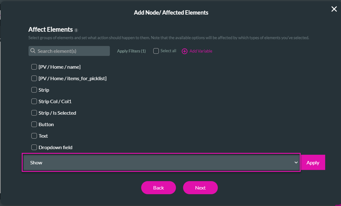 add node/ affected elements > actions drop down 