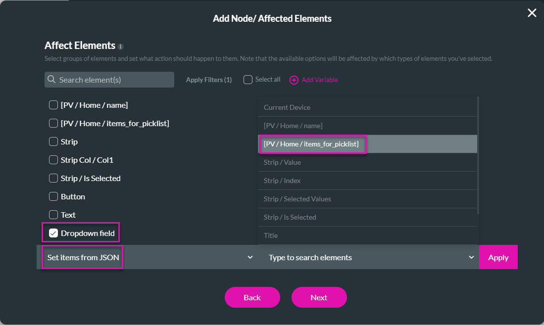 add node/affected elements > drop-down field>  set items from JSON 