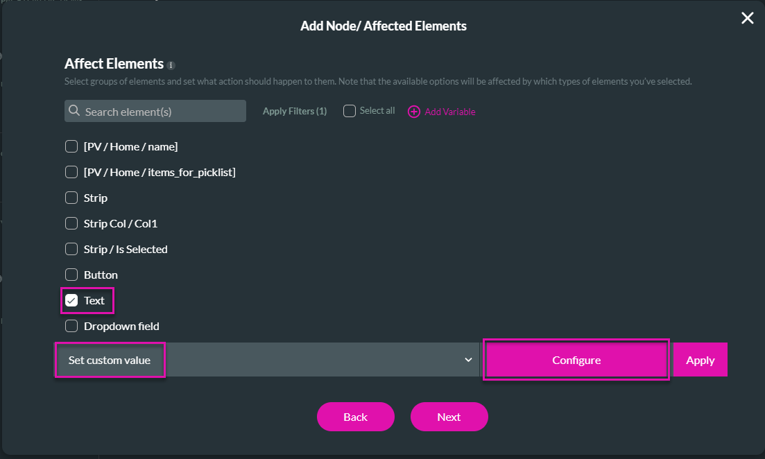 add node/ affected elements > create custom text 