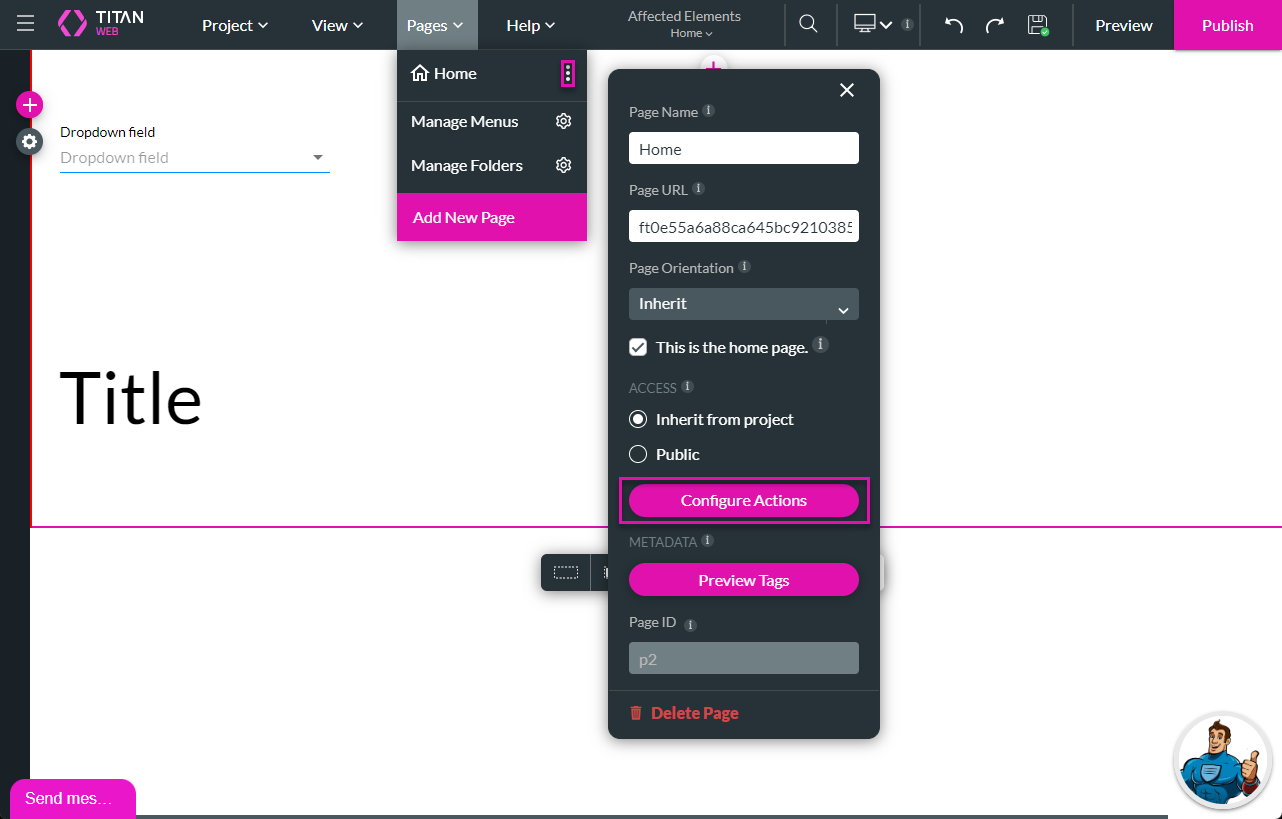 pages > home kebab menu > configure action 