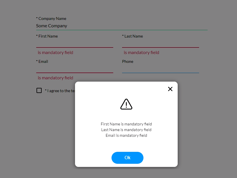 Error message displayed due to not all fields being completed 