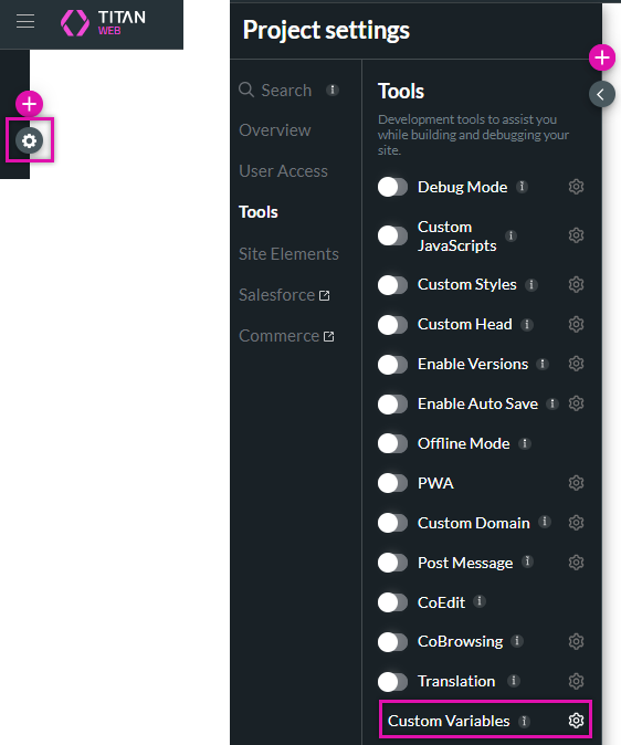 project settings > tools tab > custom variables 