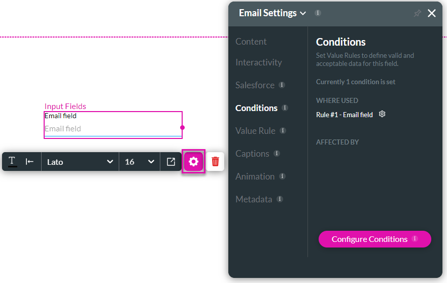 email settings > conditions tab 