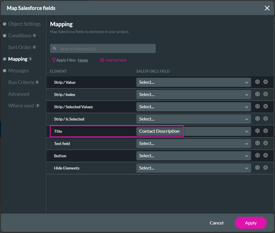 Screenshot of Map Salesforce Fields displaying Mapping tab 