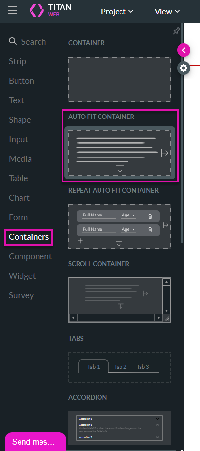 Screenshot of the Titan element menu showing the autofit container location 