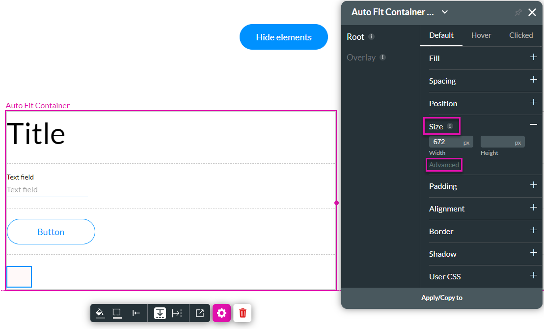 Screenshot of the autofit container settings 