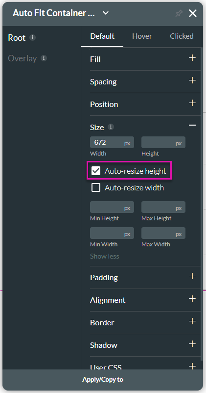 Screenshot of the autofit container settings displaying auto resize height function 