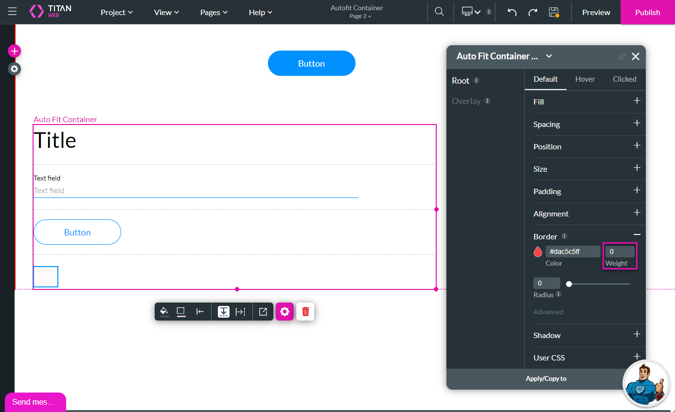 Screenshot of the autofit container settings showing how to set the border weight to zero 