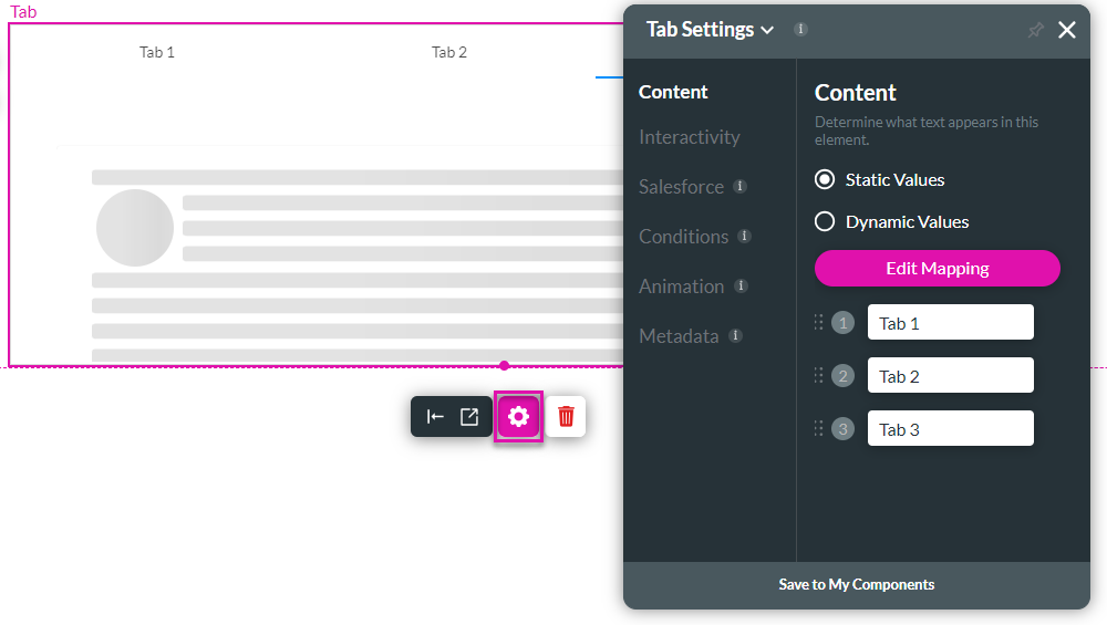 Screenshot of tab settings menu showing content tab 