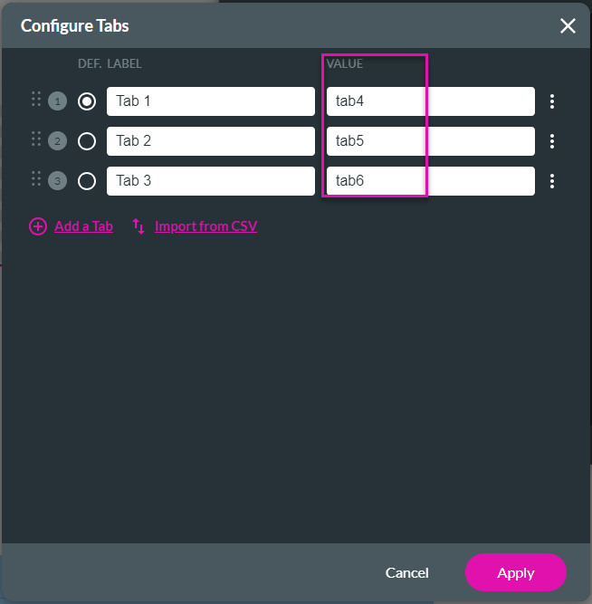 Screenshot of Configure Tabs window sowing how to configure tab values 