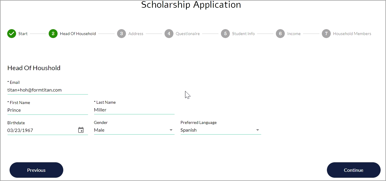 Screenshot of a Scholarship Application example 