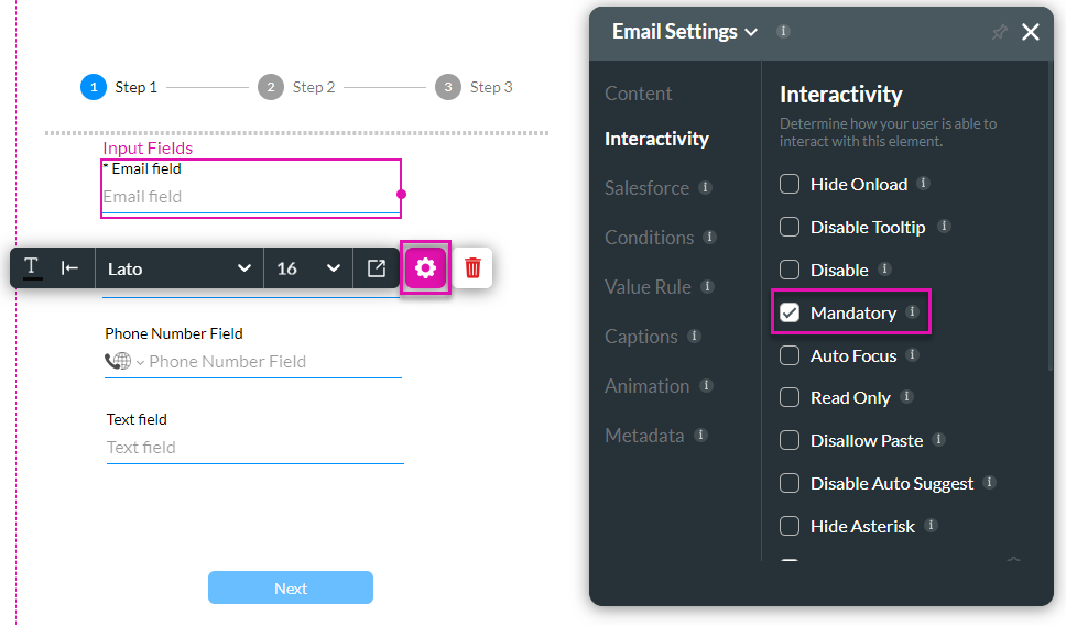 Screenshot of the email settings menu showing the interactivity tab 