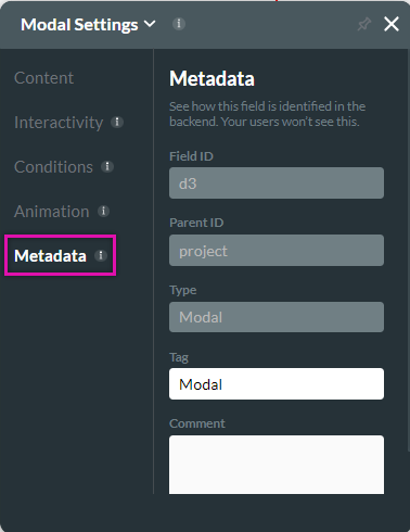 Screenshot of the Modal Settings menu showing the Metadata tab 