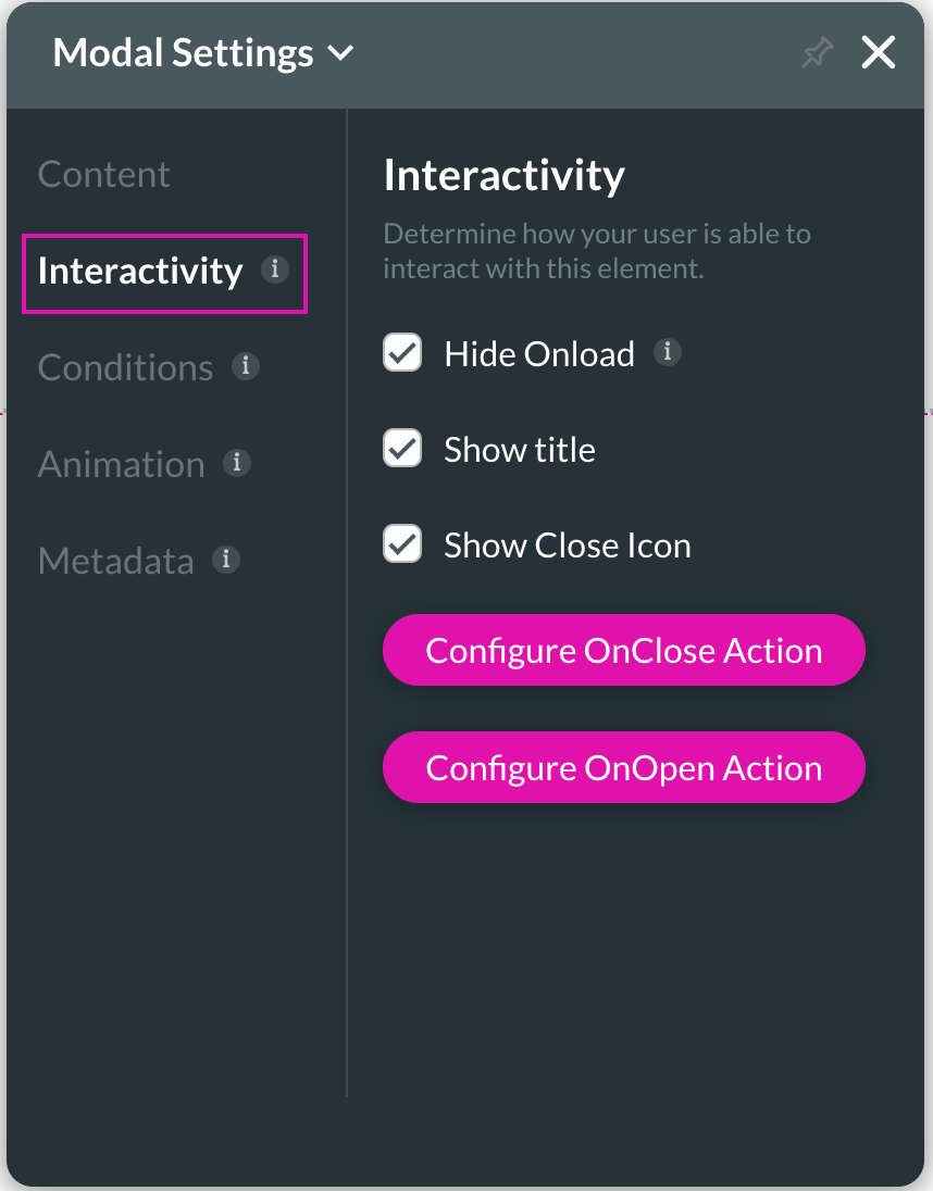 Screenshot of the Modal Settings menu showing the Interactivity tab 