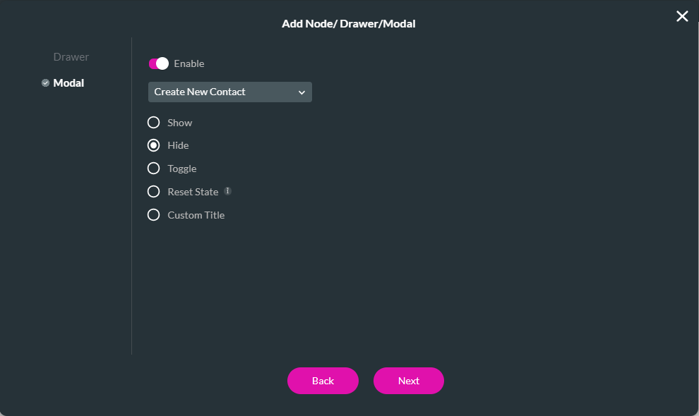 Screenshot of the Add Node Drawer Modal window showing how to configure the modal to hide 