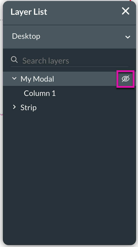 Screenshot of the layer list displaying how to show and hide a modal 