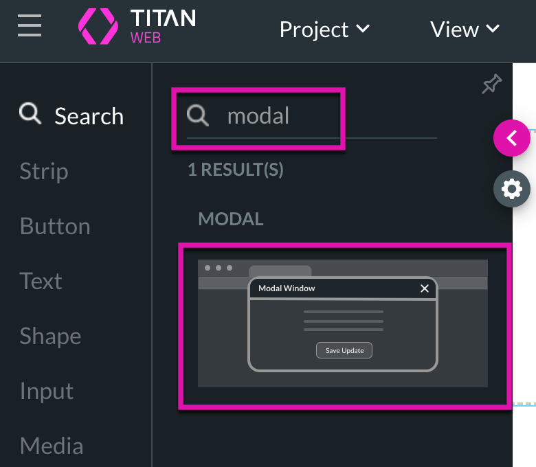 Screenshot showing how to add a modal element to the project 