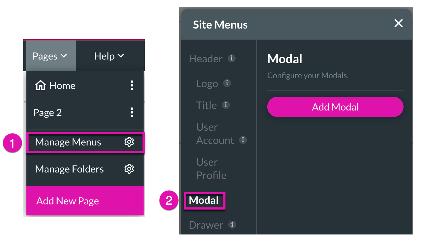 Screenshot showing how to navigate to the Site Menus page 